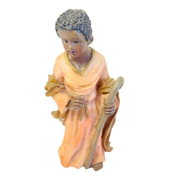 Handcrafted 5" Resin Figurine Of Shepherd Boy Holding Staff In Orange Robes 5" - Picture 11 of 11